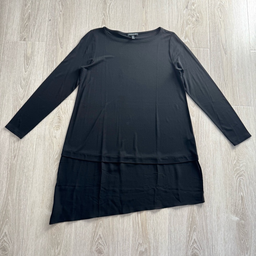 Eileen Fisher Bateau Silk Long Tunic Top Petite M Black Asymmetric Sheer Hem